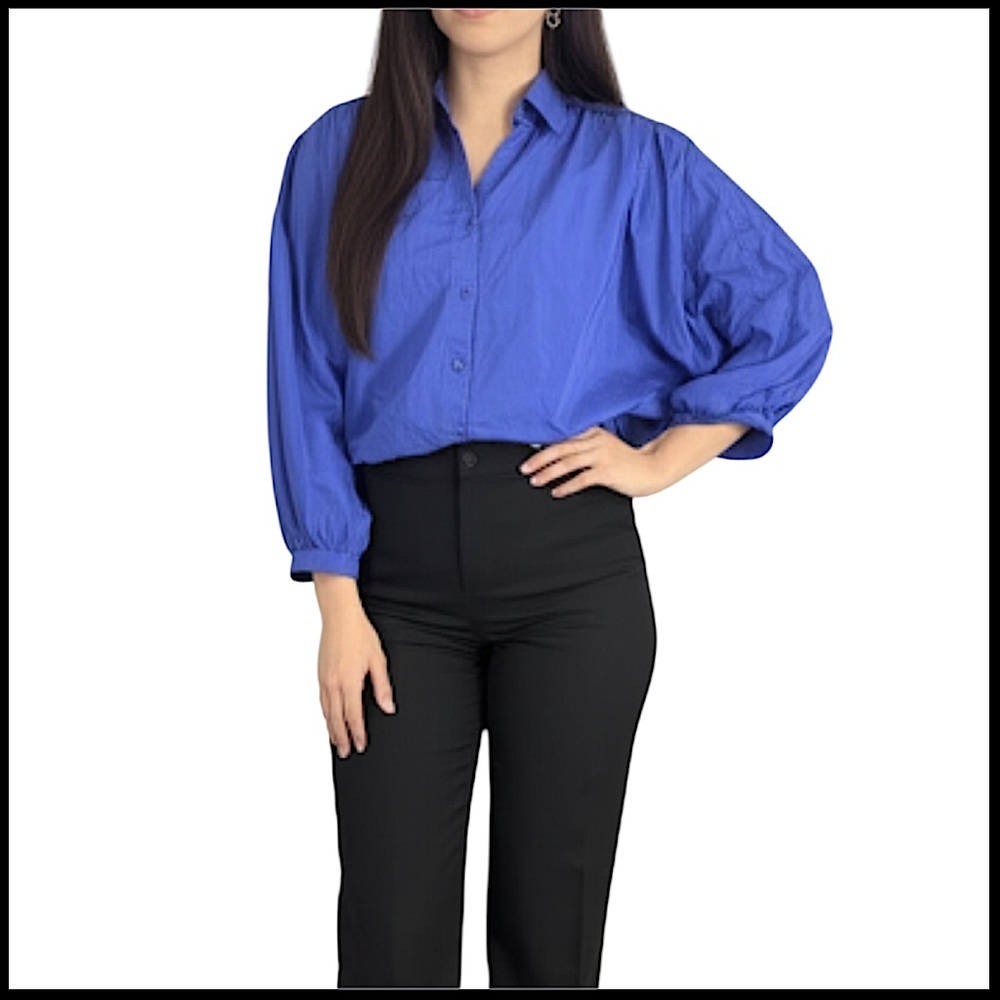 Bisou Bisou Puff Sleeve Button Blue Blouse Women’s Size XL